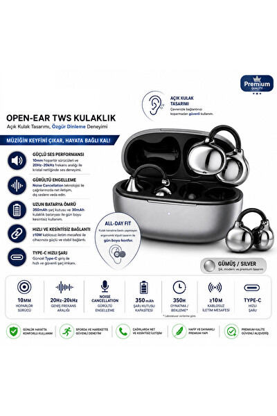 Piyatech Open-Ear TWS Gri Bluetooth Kulaklık