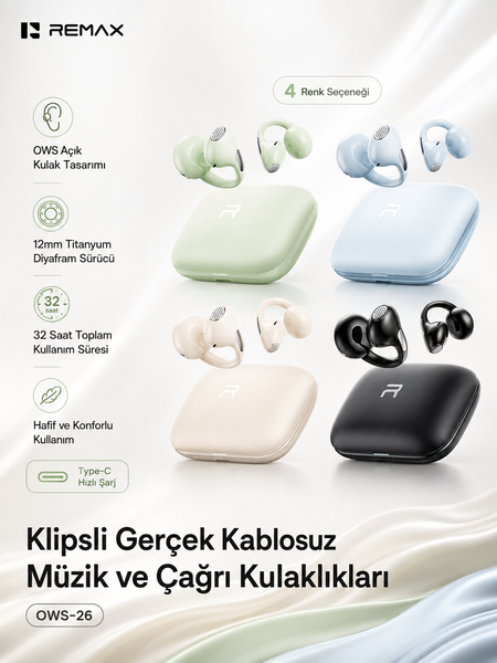 Remax OWS-26 AI ENC Gürültü Engellemeli Bluetooth 6.0 Kulak Klipsi Kulaklık Mavi