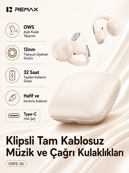 Remax OWS-26 AI ENC Gürültü Engellemeli Bluetooth 6.0 Kulak Klipsi Kulaklık Bej