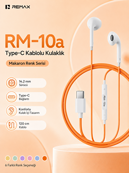 Remax RM-10A 14.2 MM Sürücülü Mikrofonlu Kulak İçi Kablolu Kulaklık Type-C Turuncu