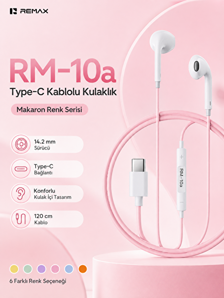 Remax RM-10A 14.2 MM Sürücülü Mikrofonlu Kulak İçi Kablolu Kulaklık Type-C Pembe