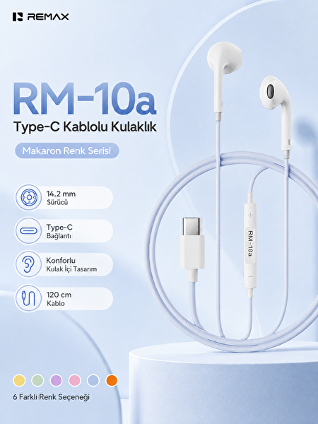 Remax RM-10A 14.2 MM Sürücülü Mikrofonlu Kulak İçi Kablolu Kulaklık Type-C Mavi