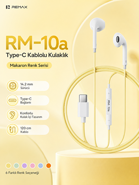 Remax RM-10A 14.2 MM Sürücülü Mikrofonlu Kulak İçi Kablolu Kulaklık Type-C Sarı