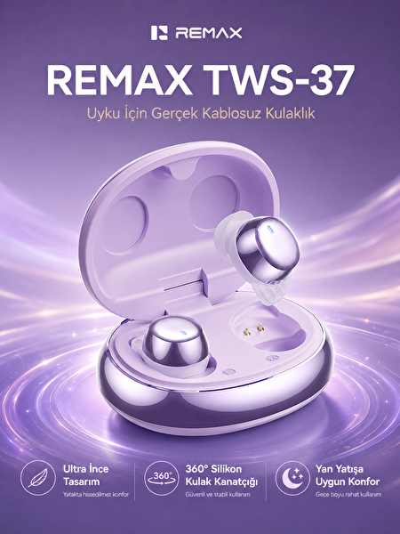 Remax TWS-37 Sleep Mini Kablosuz Bluetooth 6.0 Uyumlu Görünmez Yan Yatışa Uygun Kulaklık Mor