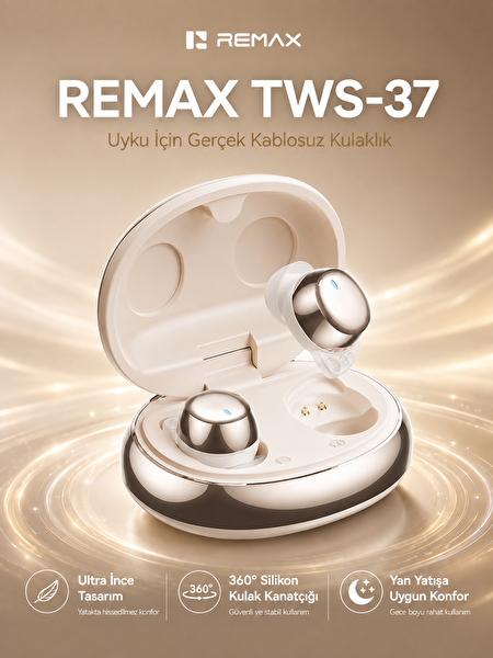 Remax TWS-37 Sleep Mini Kablosuz Bluetooth 6.0 Uyumlu Görünmez Yan Yatışa Uygun Kulaklık Bej