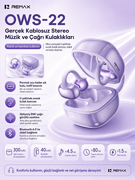 Remax OWS-22 Açık Kulak (OWS) Bluetooth 6.0 Stereo Kulak Klipsi Kulaklık Mor