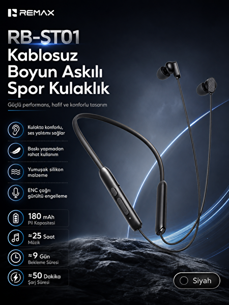 Remax RB-ST01 6.0 Manyetik Boyun Bantlı Kablosuz Spor Bluetooth Kulaklık Siyah