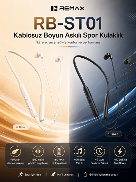 Remax RB-ST01 6.0 Manyetik Boyun Bantlı Kablosuz Spor Bluetooth Kulaklık Siyah