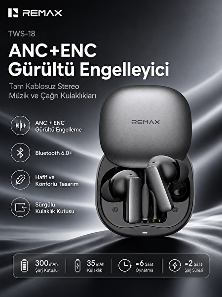Remax TWS-18 ANC+ENC Aktif Gürültü Engellemeli 6.0 Kablosuz Bluetooth Kulaklık Siyah