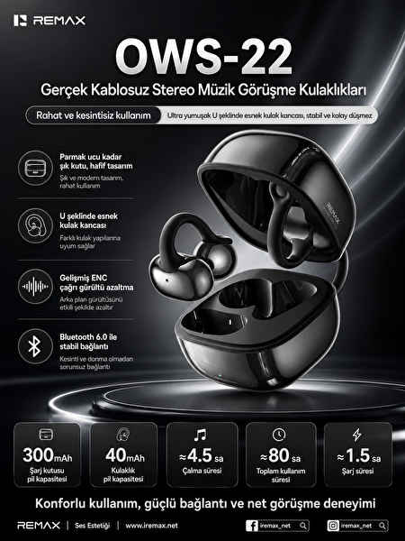 Remax OWS-22 6.0 Açık Kulak Stereo Kulak Klipsi Bluetooth Kulaklık Siyah