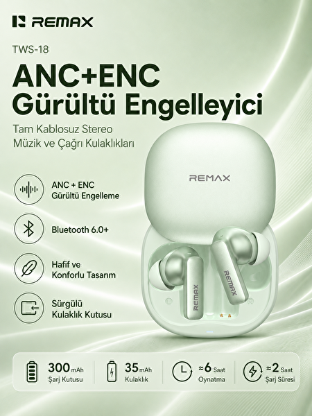 Remax TWS-18 ANC+ENC Aktif Gürültü Engellemeli 6.0 Kablosuz Bluetooth Kulaklık Yeşil