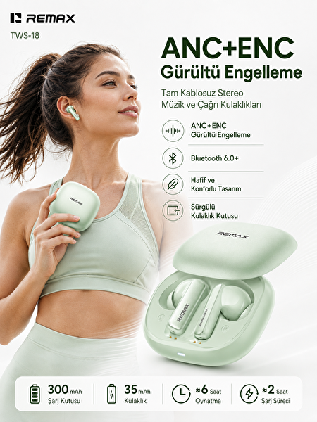 Remax TWS-18 ANC+ENC Aktif Gürültü Engellemeli 6.0 Kablosuz Bluetooth Kulaklık Yeşil