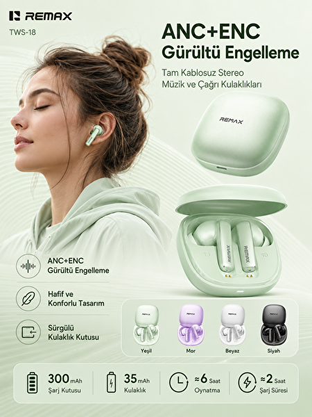 Remax TWS-18 ANC+ENC Aktif Gürültü Engellemeli 6.0 Kablosuz Bluetooth Kulaklık Yeşil