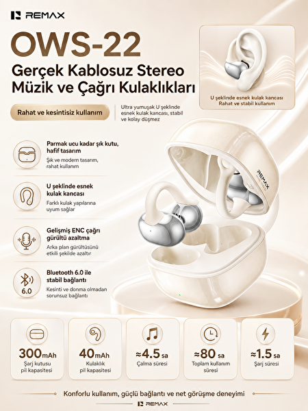 Remax OWS-22 Açık Kulak OWS Bluetooth 6.0 Stereo Kulak Klipsi Kulaklık - Beyaz