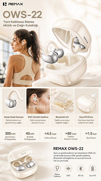 Remax OWS-22 Açık Kulak OWS Bluetooth 6.0 Stereo Kulak Klipsi Kulaklık - Beyaz