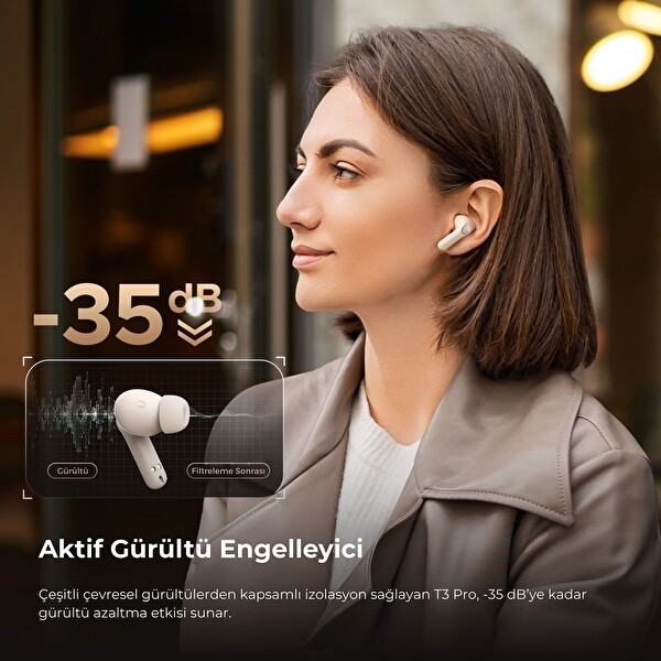 SoundPEATS T3 Pro Bluetooth 5.4 TWS Kablosuz Kulak İçi Kulaklık ANC Aktif Gürültü Engelleme Mikrofonlu Bej
