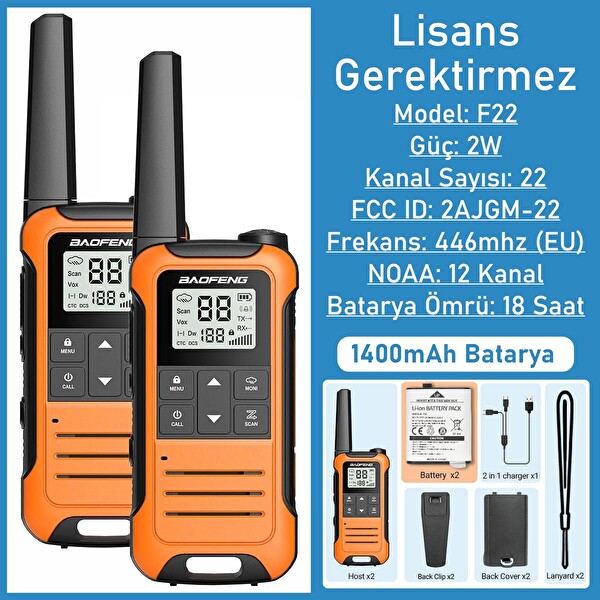 Valkyrie Baofeng IP54 Type-C Şarjlı 22 Kanal 1400 mAh F22 Lisans Gerektirmez El Telsizi 2’li Set