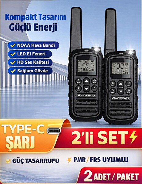 Baofeng BAOF22 Lisanssız Kullanım 22 Kanal LED Fenerli USB-C Şarj 2’li El Telsizi Seti