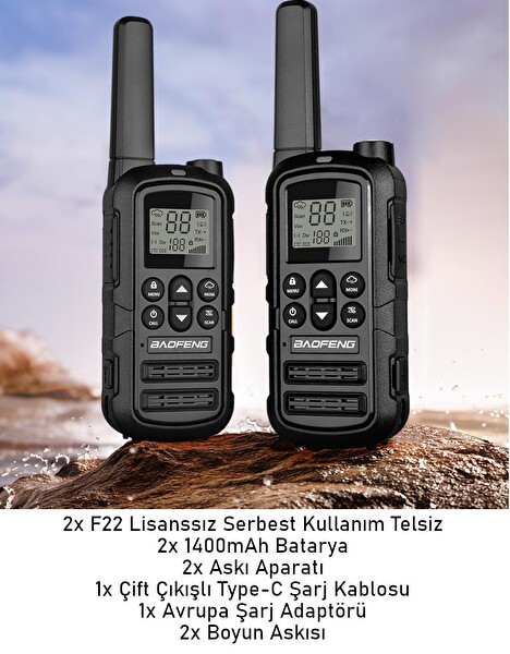 Baofeng BAOF22 Lisanssız Kullanım 22 Kanal LED Fenerli USB-C Şarj 2’li El Telsizi Seti