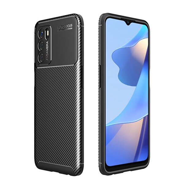 Teleplus  Oppo A16 Kamera Korumalı Negro Karbon Silikon Siyah Kılıf + Nano Glass Ekran Koruyucu
