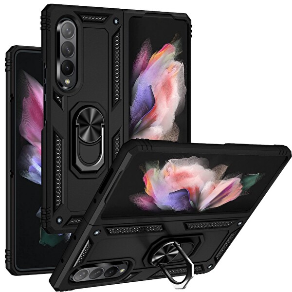 Smcase Samsung Galaxy Z Fold3 5g Kılıf Vega Yüzüklü Çift Katmanlı Tank Kılıf Siyah