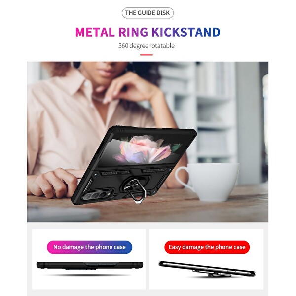 Smcase Samsung Galaxy Z Fold3 5g Kılıf Vega Yüzüklü Çift Katmanlı Tank Kılıf Siyah