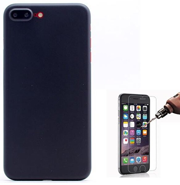 Teleplus iPhone 8 Plus Mat PP Silikon Kılıf Siyah + Cam Ekran Koruyucu