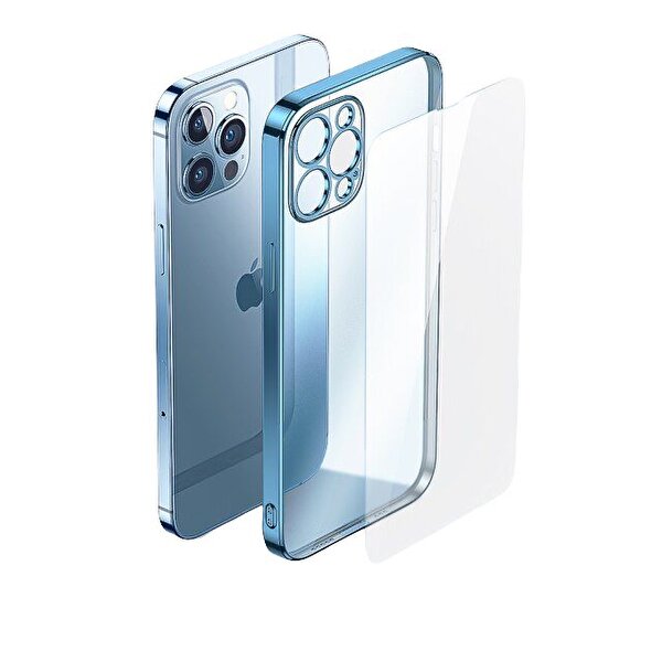 Teleplus iPhone 13 Pro Max Kamera Korumalı Lazer Silikon Mavi Kılıf + Nano Ekran Koruyucu