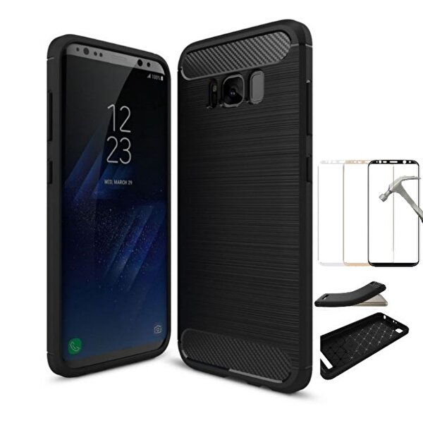 Teleplus Samsung Galaxy S8 Plus Özel Karbon Ve Silikonlu Siyah Kılıf  + Tam Kapatan Cam