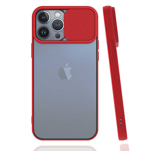 Gpack Apple iPhone 13 Pro Max Kamera Sürgülü Kapatmalı Silikon Kırmızı Kılıf