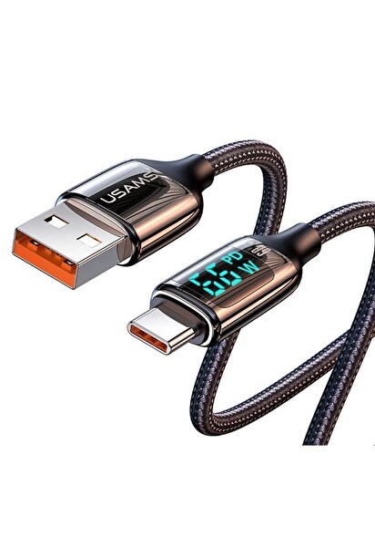Usams US-SJ544 Dijital Göstergeli Çipli Örgülü 1.2 M PD 66W USB to Type-C Hızlı Şarj ve Data Kablosu