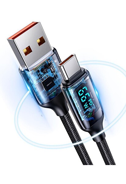 Usams US-SJ544 Dijital Göstergeli Çipli Örgülü 1.2 M PD 66W USB to Type-C Hızlı Şarj ve Data Kablosu