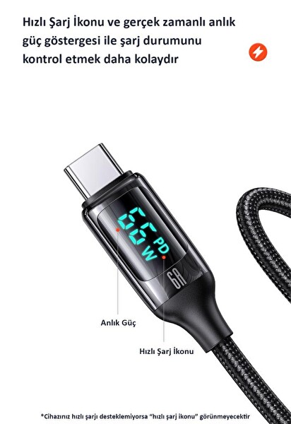 Usams US-SJ544 Dijital Göstergeli Çipli Örgülü 1.2 M PD 66W USB to Type-C Hızlı Şarj ve Data Kablosu
