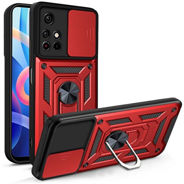 Teleplus Xiaomi Redmi 10 2022 Kılıf Kamera Korumalı Yüzüklü Tank Pars Silikon Kırmızı