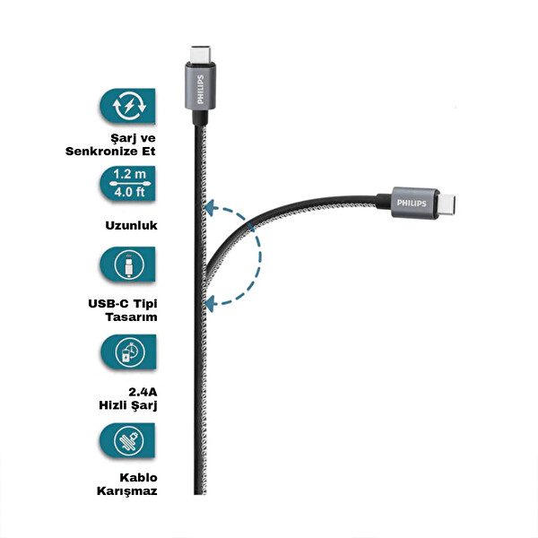 Philips 3A 60W Usb-A to Type-C Deri Kaplama Hızlı Şarj ve Data Kablosu 1.2M Siyah 2528B