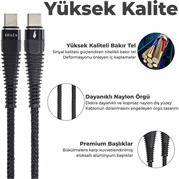 Shaza Type-C to Type-C PD 5A 100 W 1 Metre Örgülü Hızlı Şarj ve Data Kablosu