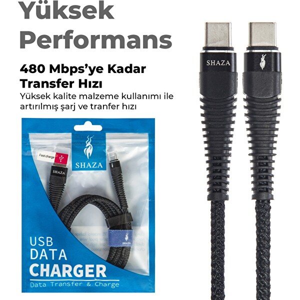 Shaza Type-C to Type-C PD 5A 100 W 1 Metre Örgülü Hızlı Şarj ve Data Kablosu
