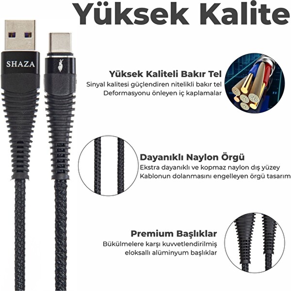 Shaza USB Type-C PD 5A 100 W 1 Metre Örgülü Hızlı Şarj ve Data Kablosu
