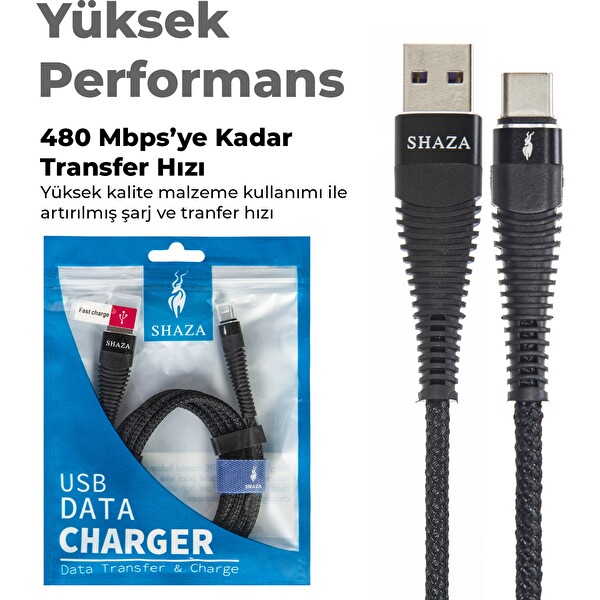 Shaza USB Type-C PD 5A 100 W 1 Metre Örgülü Hızlı Şarj ve Data Kablosu