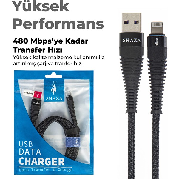 Shaza Apple iPhone Lightning 5A 100 W 1 Metre Örgülü Hızlı Şarj ve Data Kablosu