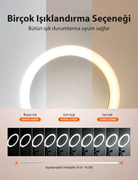 TaoTronics TT-CL027 12” 3 Renk 10 Kısıklık Ayarı 155 Cm 2 Telefon Tutucu Uzayan Ring Light