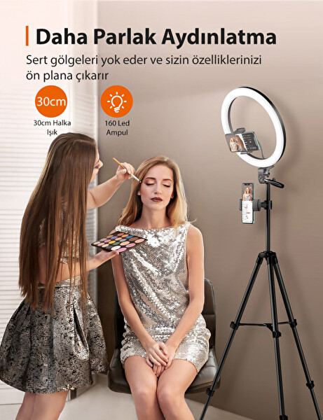 TaoTronics TT-CL027 12” 3 Renk 10 Kısıklık Ayarı 155 Cm 2 Telefon Tutucu Uzayan Ring Light