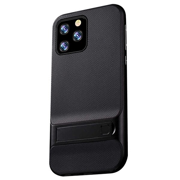 Gpack Apple iPhone 11 Pro Max Kılıf Standlı Tpu Silikon + Nano Glass Siyah