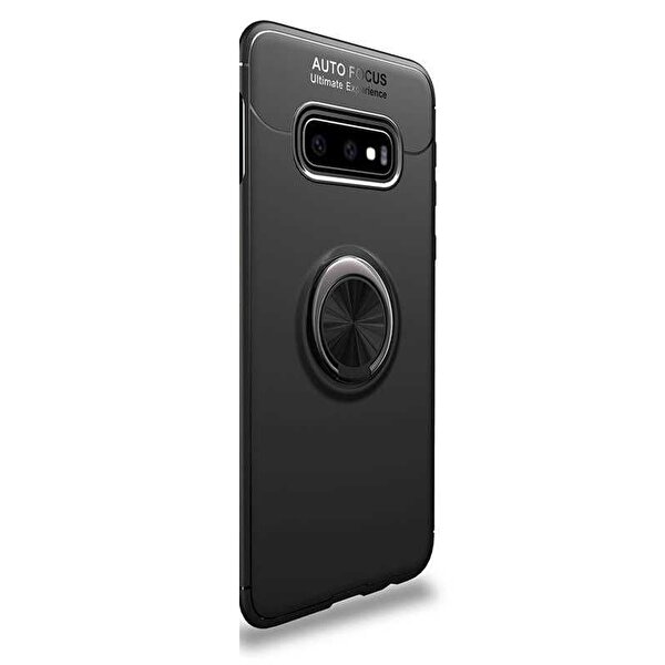 Gpack Samsung Galaxy S10E Ravel Yüzüklü Mıknatıslı Kılıf + Renkli Cam Siyah