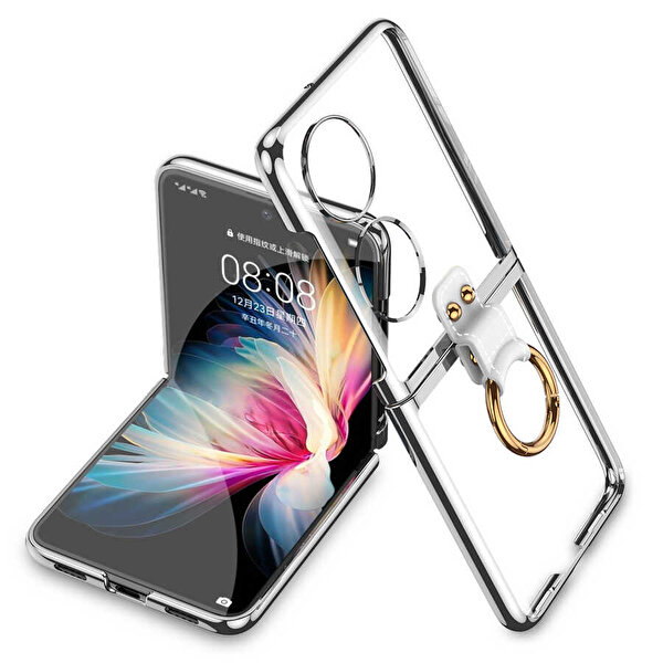 Gpack Huawei P50 Pocket Şeffaf Sert Pvc Kenar Renkli Ring Gümüş Kılıf