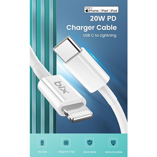 Bix BX-İP02UC Type-C To Lightning 1 Metre Beyaz Data Ve Şarj Kablosu