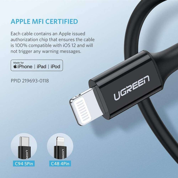 Ugreen Apple iPhone Type-C To Lightning 1 Metre Siyah Data Ve Şarj Kablosu