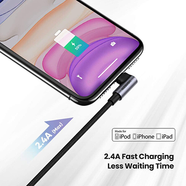 Ugreen MFİ Lightning Oyuncu 2 Metre Gri Şarj Kablosu
