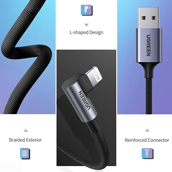 Ugreen MFİ Lightning Oyuncu 2 Metre Gri Şarj Kablosu