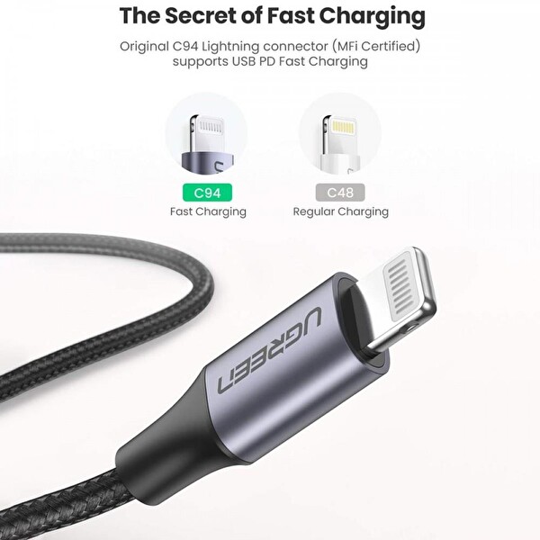 Ugreen Örgülü Type-C To Lightning 2 Metre Siyah Hızlı Şarj Kablosu